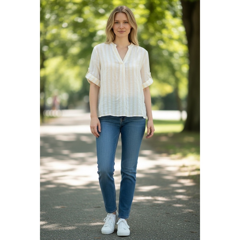 Pilcro Anthropologie Yellow White Striped Linen Blouse V-Neck Short Sleeve L